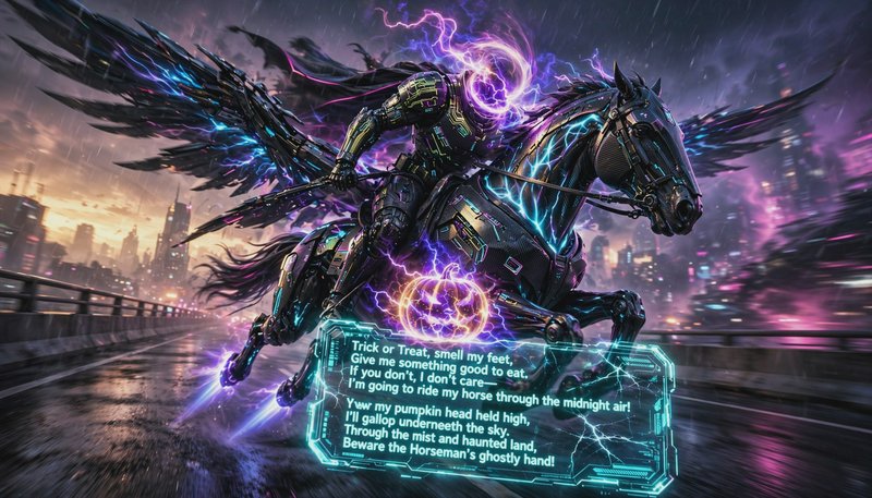Cyberpunk headless horseman rides winged robotic horse, holding glowing jack-o-lantern over neon ...