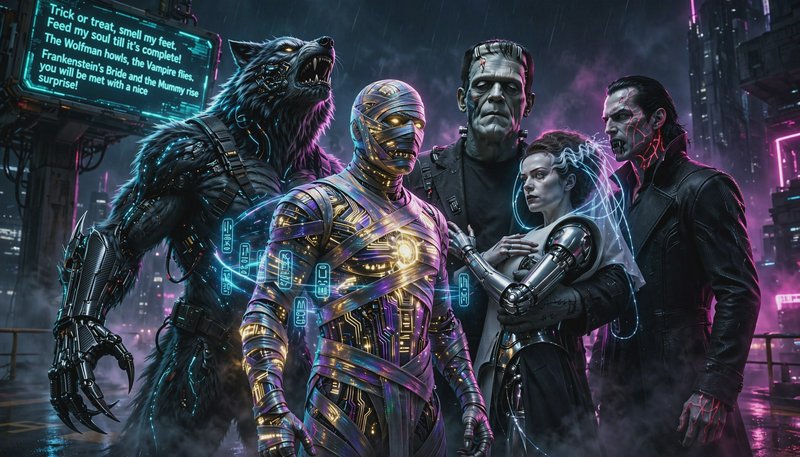 Cyberpunk reimagined classic Universal monster crew posed together in a rainy neon futuristic city