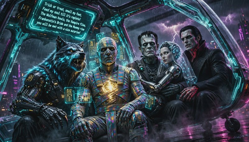 Cyberpunk reimagined classic horror monsters seated in a neon futuristic hover vehicle over a sto...