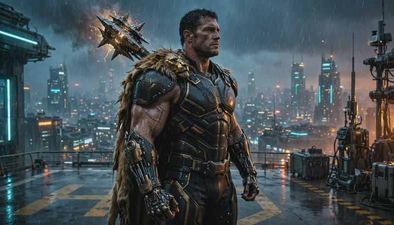 Muscular cyberpunk warrior with cybernetic arms stands on a rainy helipad overlooking a glowing f...