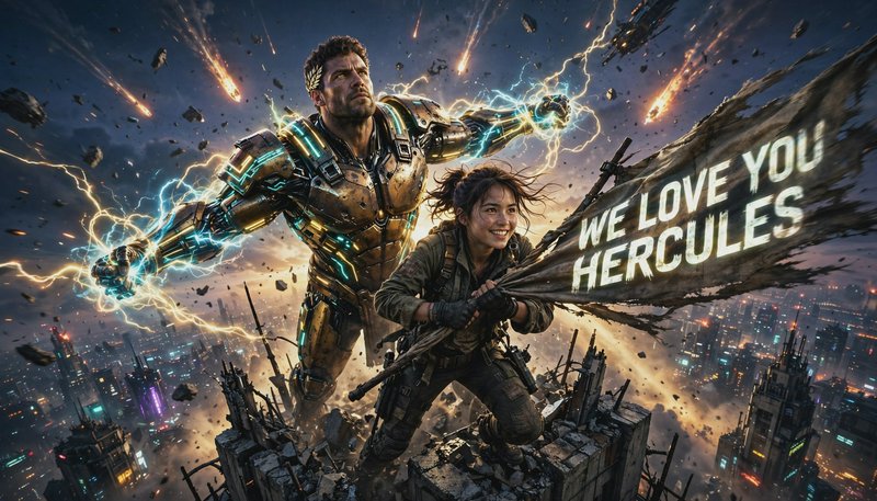 Cybernetically armored Hercules and a female comrade hold a "WE LOVE YOU HERCULES" flag atop a ru...