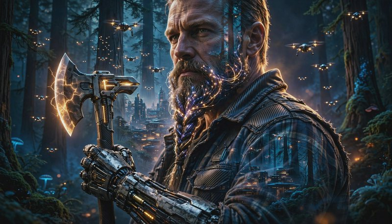 Cinematic cyberpunk lumberjack with robotic prosthetic arm holds glowing energy axe in misty fore...