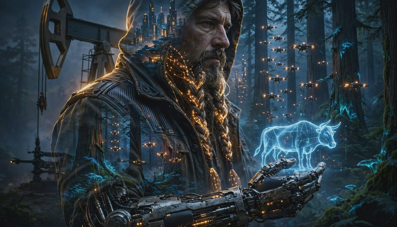 Surreal cyberpunk portrait of hooded bearded man with mechanical arm holding a glowing hologram b...