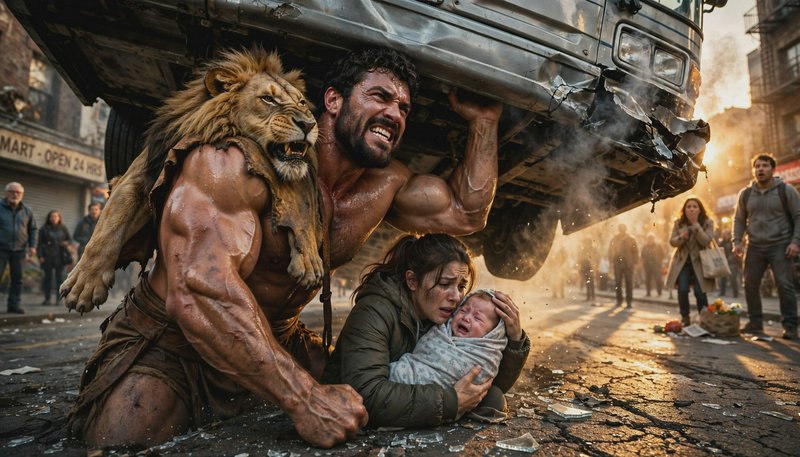 Muscular Hercules wearing a lion pelt lifts a wrecked bus to shield a distressed mother and cryin...