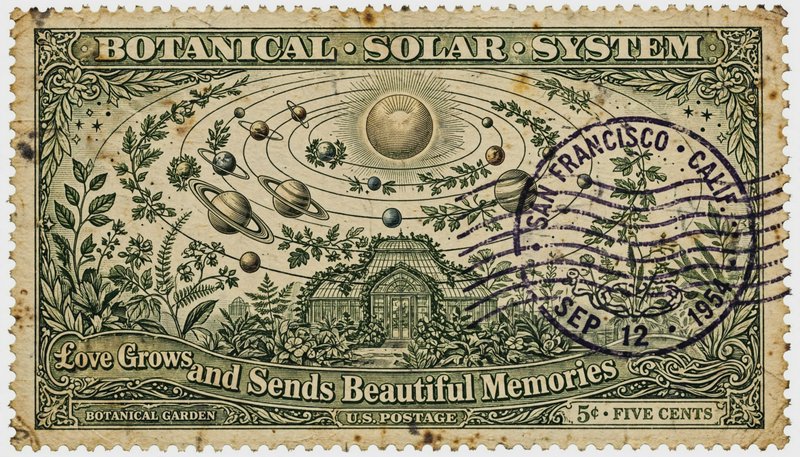 Used vintage 5c US postage stamp illustrated with a surreal botanical solar system, greenhouse co...