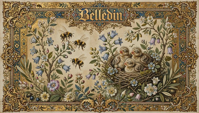 Ornate illuminated manuscript illustration with fluffy nestling chicks, hovering bumblebees, wild...