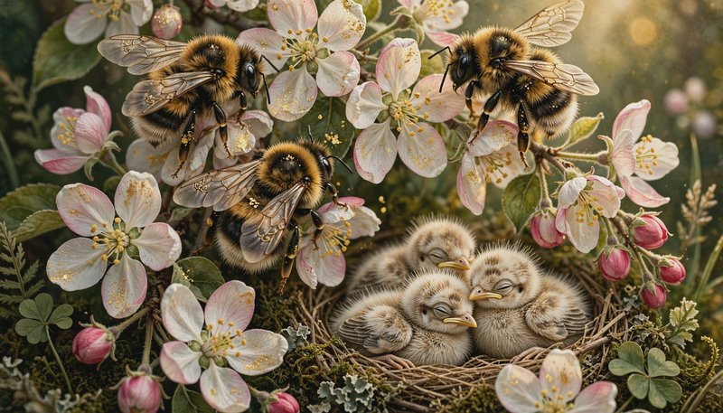 Three fluffy bumblebees perch on pink apple blossoms beside a twig nest of sleeping baby bird chi...