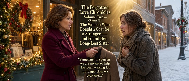 Book banner showing two women on a snowy festive small town street, one offering a warm coat to a...