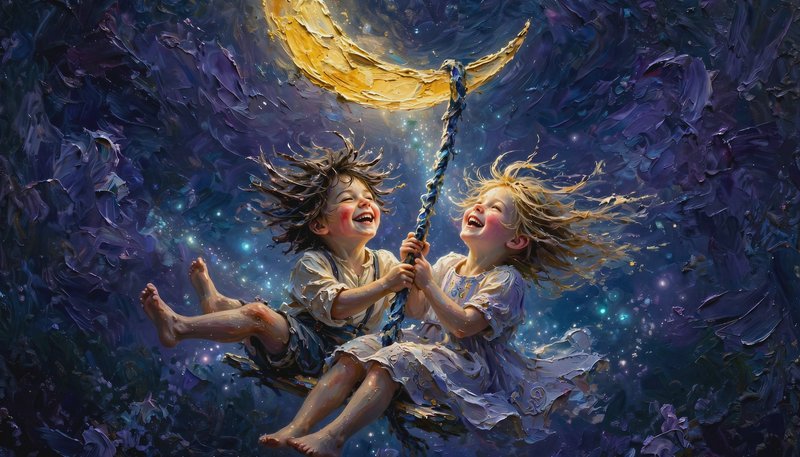 Laughing joyful children swing from a glowing golden crescent moon in a textured starry fantasy n...