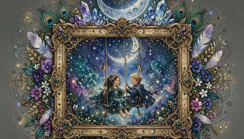 Ornate gilded fantasy frame shows two children swinging together under a glowing crescent moon, f...
