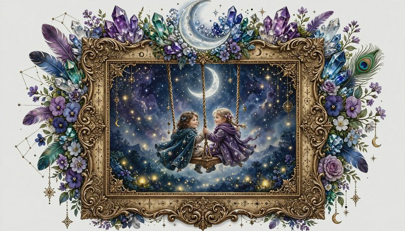 Ornate gilded frame bordered by crystals, florals, feathers, depicts two children on a swing unde...