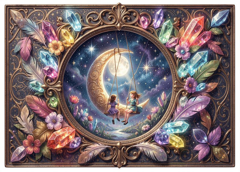 Ornate framed fantasy illustration of two girls on swings hanging from a carved crescent moon, bo...