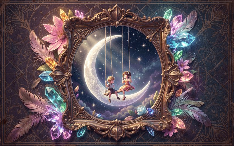 Ornate gilded frame surrounds a fantasy scene of two children sitting on a swing suspended from a...