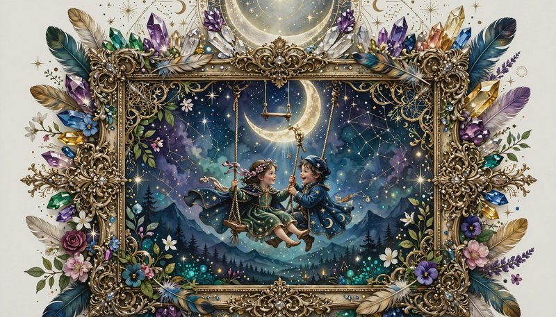 Ornate jewel-adorned frame holds a fantasy scene of two smiling children swinging beneath a glowi...