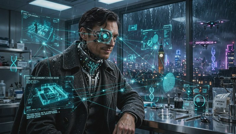 Cybernetically enhanced detective views glowing AR crime scene holograms in a rainy futuristic Lo...