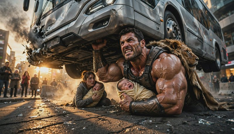 Muscular lion-pelted hero lifts a crashed city bus to shield a mother and two crying babies on a ...