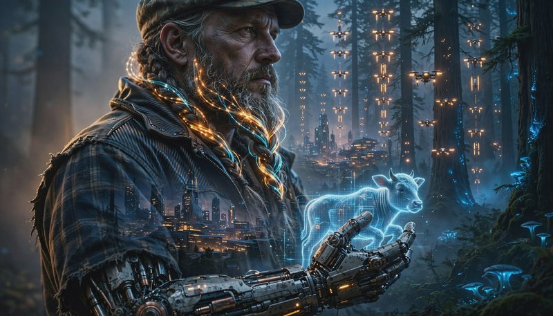 Bearded futuristic farmer with robotic arm holds glowing hologram calf in misty cyberpunk forest