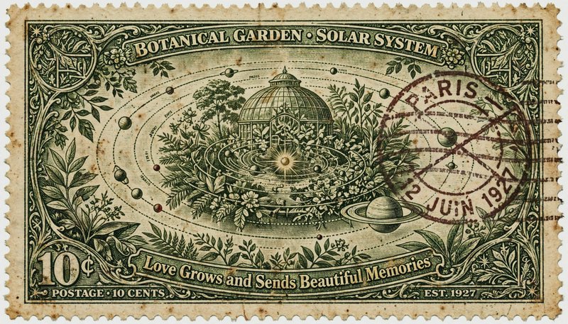 Vintage 10c 1927 postage stamp featuring a surreal botanical garden solar system design, with a P...