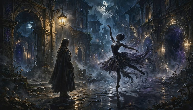 Cloaked wanderer watches an ethereal magical ballerina dance on a foggy moonlit gothic street lin...