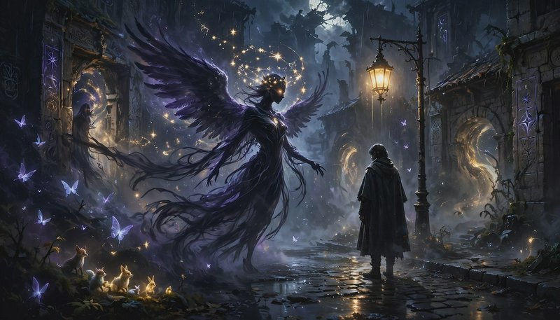 Towering dark winged celestial spirit faces a hooded traveler on a misty moonlit ruined fantasy c...