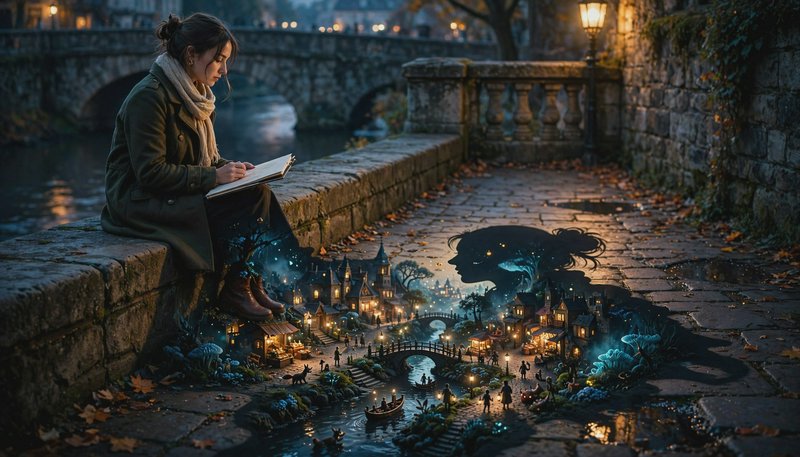 Female artist sketches on a stone riverside ledge, her shadow forms a tiny glowing whimsical fant...