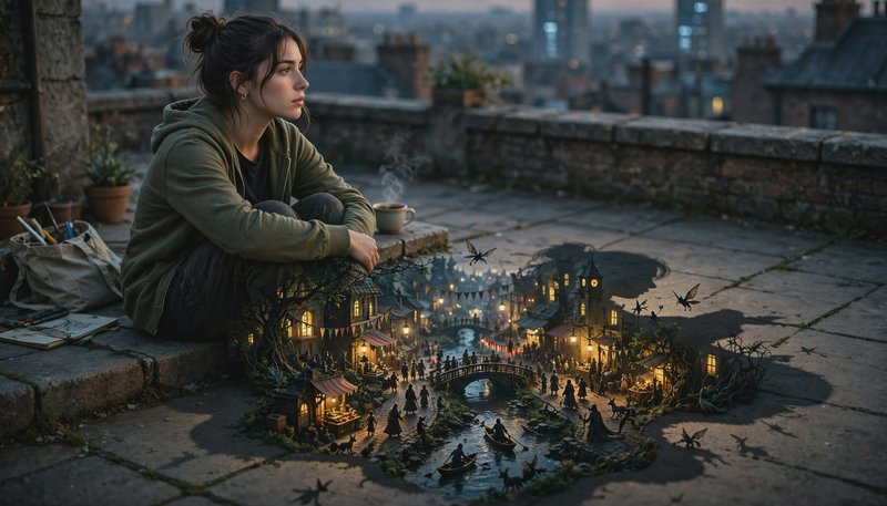 Pensive young woman on a dusk city rooftop gazes at a tiny glowing fantasy village embedded in th...