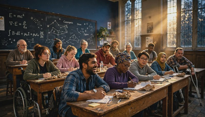 Diverse adult students attend class in a sunlit vintage classroom, with a chalkboard of physics e...