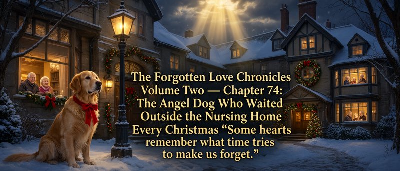 Golden retriever with red bow sits in snow outside festive Christmas nursing home, story title ov...