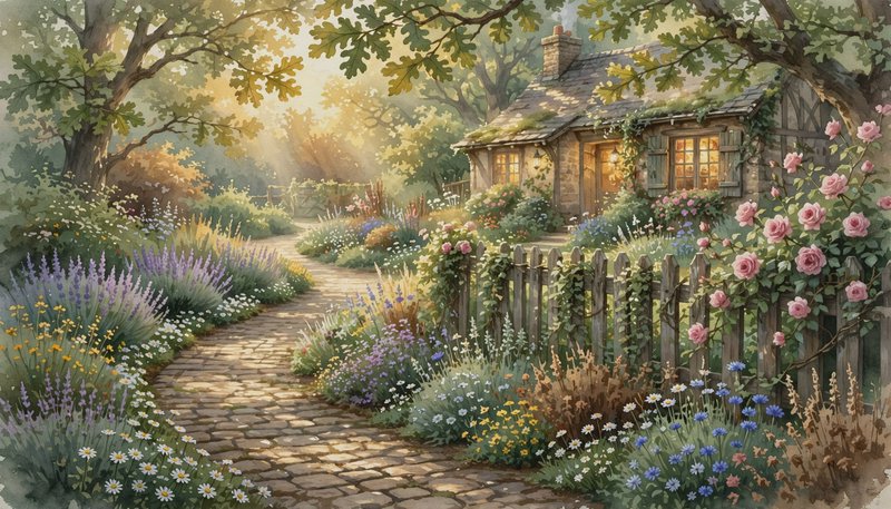 Soft watercolor of sunlit rustic stone cottage, cobblestone garden path lined with wildflowers and climbing pink roses