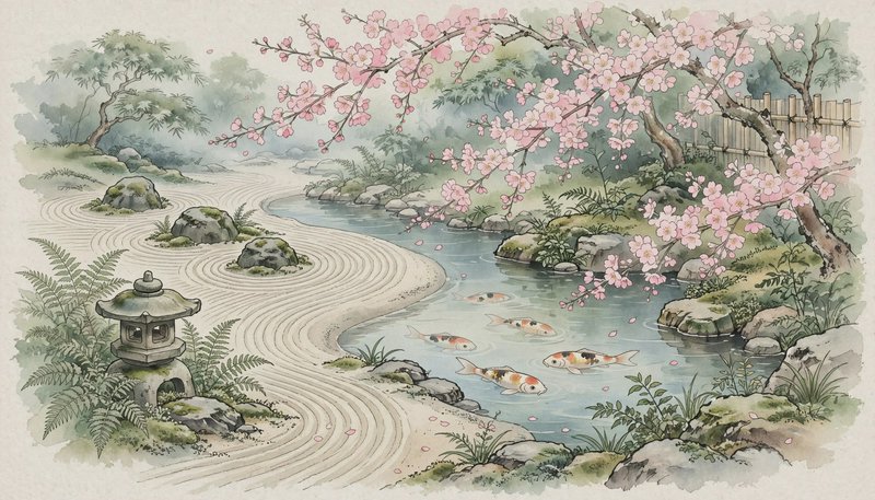 Watercolor illustration of a serene Japanese zen garden with cherry blossoms, koi pond, raked gravel, and traditional
