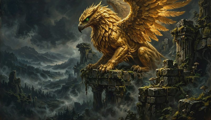 Majestic golden griffin with bright green eyes perches on mossy ancient ruins overlooking a misty stormy mountain valley