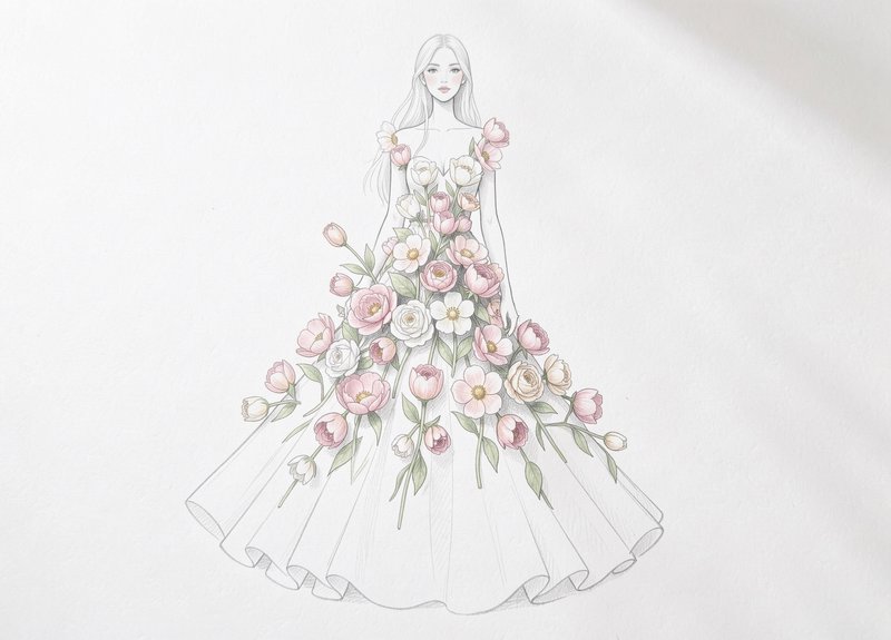 Delicate watercolor fashion sketch of a model wearing a ballgown made of cascading pastel pink and white spring flowers
