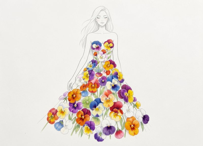 Delicate fashion illustration of a woman with a ballgown constructed from vibrant multicolored pansy flowers, soft line
