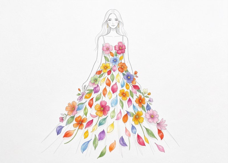 Delicate fashion illustration of a woman wearing a voluminous ball gown made of bright colorful flowers and petals.