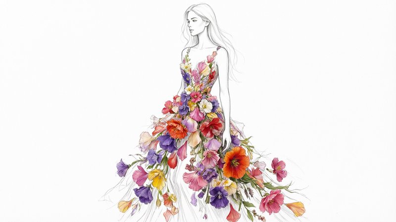 Elegant fashion illustration of a woman in a voluminous gown constructed from vibrant mixed colorful flowers, line art