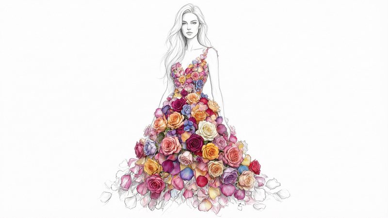 Line art fashion illustration of a woman wearing a voluminous gown crafted from multicolor watercolor roses and flower
