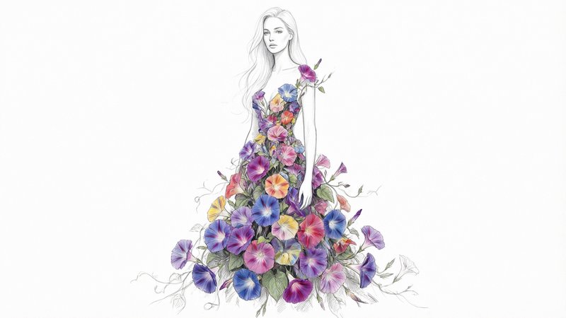 Delicate fashion sketch of a woman wearing a gown made of vibrant multicolor morning glory flowers.