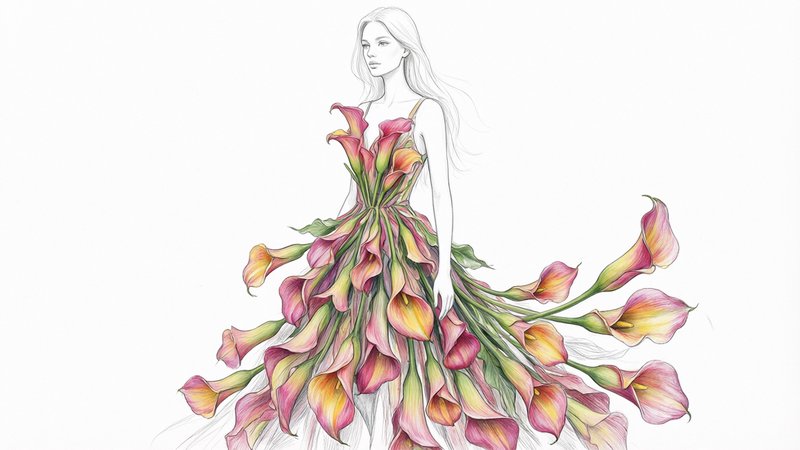 Fashion illustration of a woman wearing a dramatic couture gown constructed from gradient pink and yellow calla lilies.