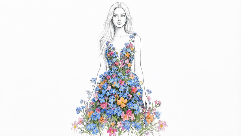 Fashion illustration of a woman with a gown made of colorful wildflowers, delicate line art with painted florals on