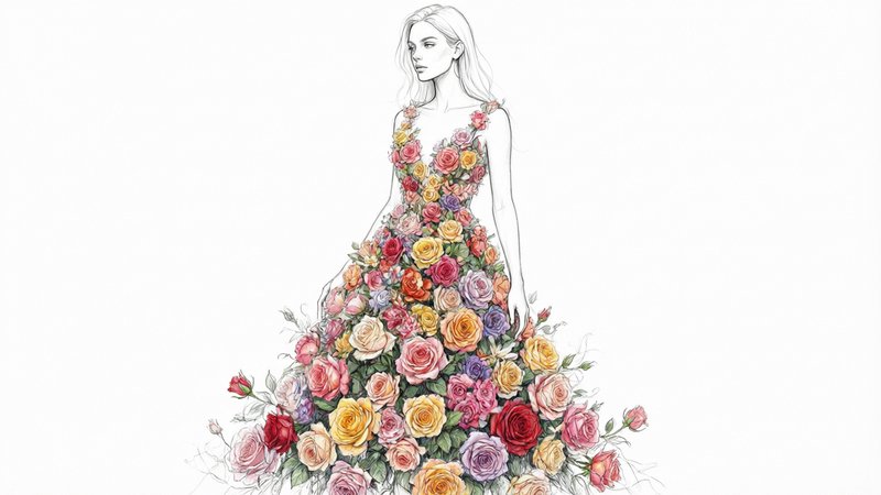 Fashion sketch of a woman wearing a voluminous ballgown made entirely of colorful roses, isolated on a plain white