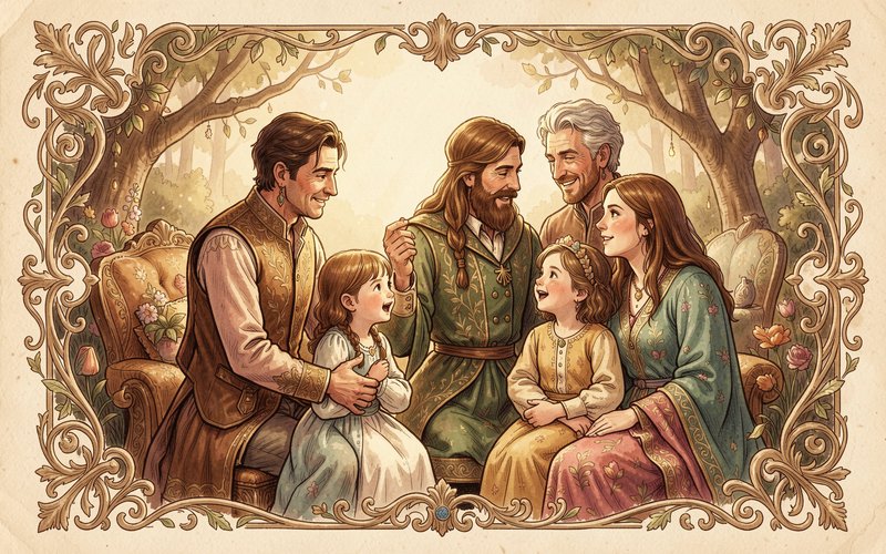 Ornate storybook illustration of a joyful multi-generational fantasy family gathered in a sunlit woodland clearing