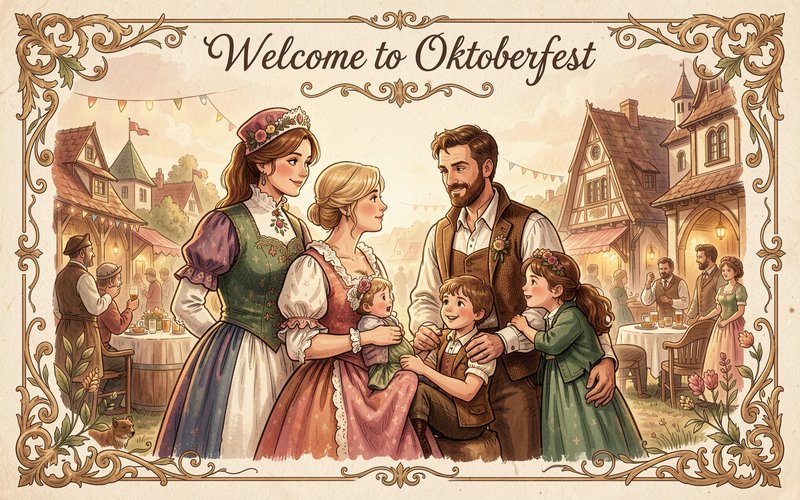 Vintage illustration of families in traditional Bavarian dress gathered at a sunny Oktoberfest village celebration