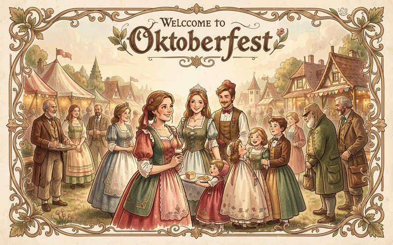 Framed vintage illustration of festival goers in traditional Bavarian dress at a Welcome to Oktoberfest village fair