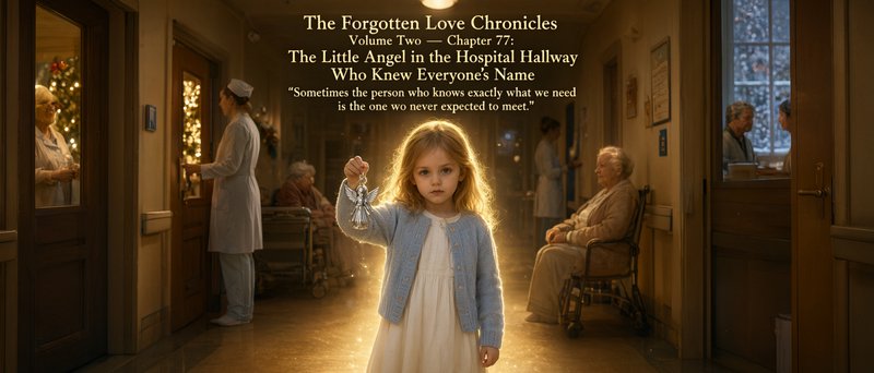 Young blonde girl holding a silver angel ornament stands glowing in a warm vintage hospital hallway with story text overlay