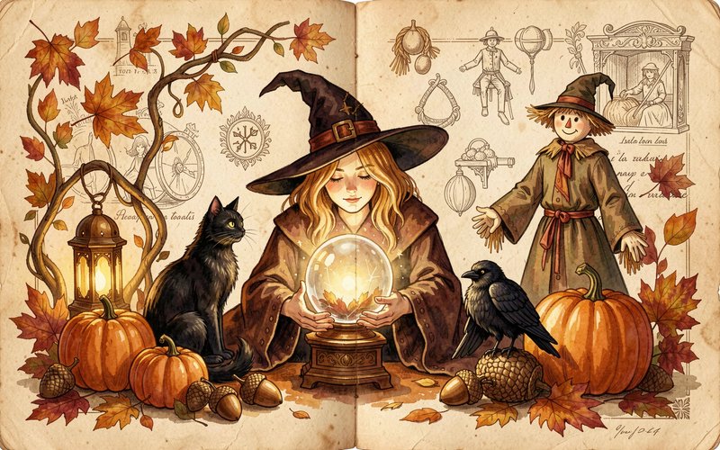 Autumn cottage witch holds a glowing crystal ball, surrounded by fall decor, a black cat, crow, and scarecrow on a vintage