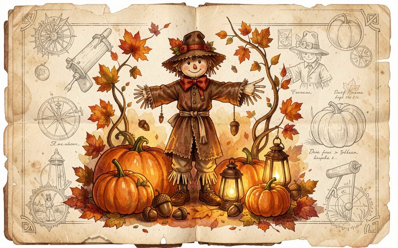Smiling friendly autumn scarecrow surrounded by pumpkins, lanterns, and fall foliage on a vintage open storybook page