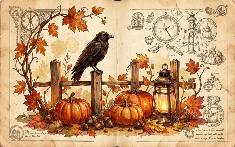 Black raven perched on a wooden fence among pumpkins, fall leaves, and a lantern on an open vintage journal spread