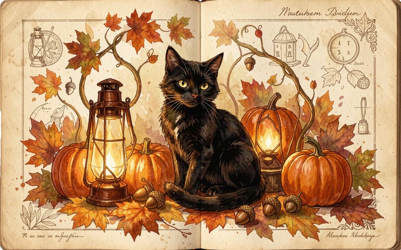 Fluffy black cat sits surrounded by pumpkins, glowing lanterns, and fall leaves on an open vintage journal spread