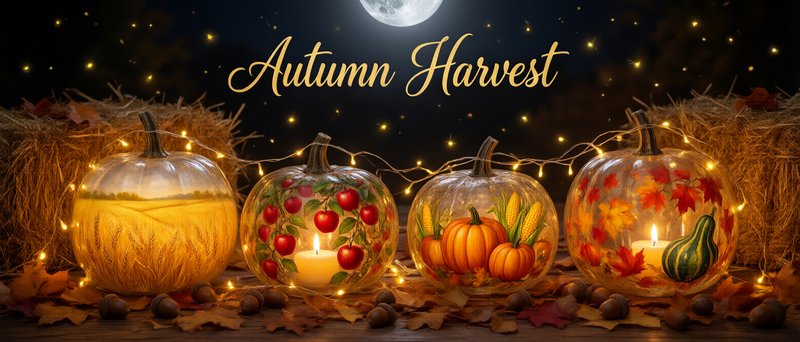 Decorated glass pumpkin lanterns display Autumn Harvest text under a glowing full moon night sky