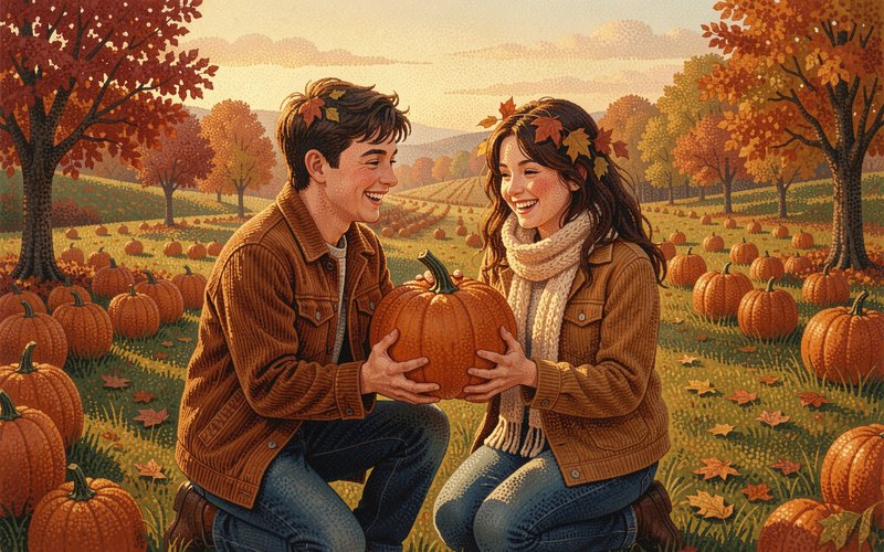 Smiling young couple kneels together holding a pumpkin in a sunlit autumn pumpkin patch